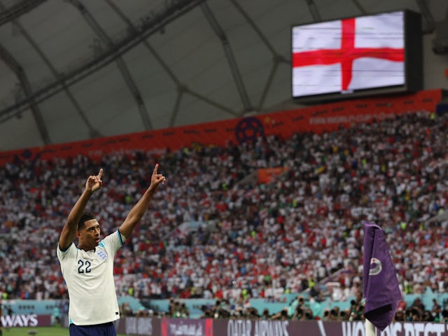 England's Jude Bellingham celebrates scoring their first goal pictured on November 21, 2022
