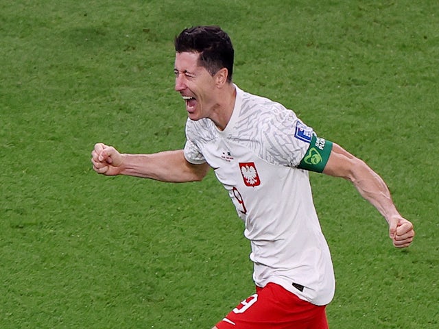  Poland's Robert Lewandowski celebrates scoring their second goal on November 23, 2022