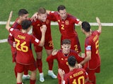 Spain's Dani Olmo celebrates scoring against Costa Rica at the World Cup on November 23, 2022