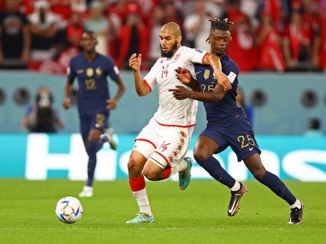 Tunisia's Aissa Laidouni and France's Eduardo Camavinga in action at the World Cup on November 30, 2022.