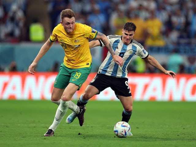 Australia's Harry Souttar in action with Argentina's Julian Alvarez at the World Cup on December 3, 2022