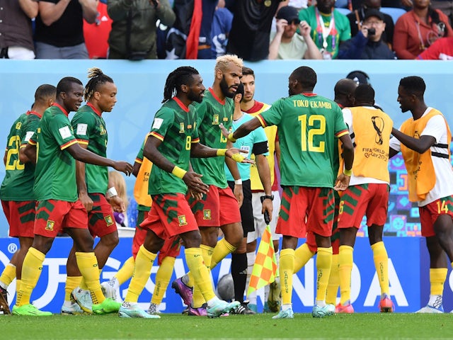 Cameroon's Eric Maxim Choupo-Moting celebrates scoring against Serbia at the World Cup on November 28, 2022