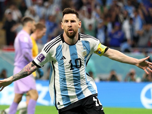 Argentina's Lionel Messi celebrates scoring against Australia at the World Cup on December 3, 2022