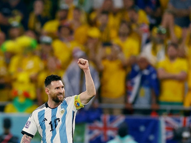 Argentina's Lionel Messi celebrates scoring their first goal on December 3, 2022