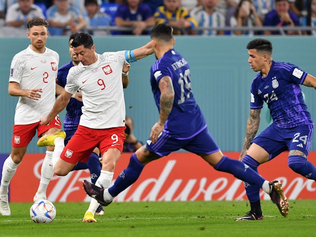 Poland's Robert Lewandowski in action against Argentina at the World Cup on November 30, 2022