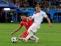 Switzerland's Xherdan Shaqiri scores against Serbia at the 2018 World Cup on June 22, 2018