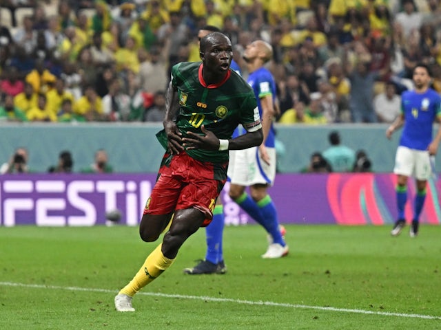 Cameroon's Vincent Aboubakar celebrates scoring against Brazil on December 2, 2022