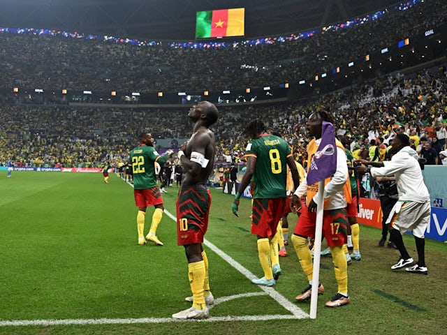 Cameroon's Vincent Aboubakar celebrates scoring their first goal on December 2, 2022
