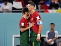 Cristiano Ronaldo and Bernardo Silva pictured after Portugal are awarded a penalty on November 24, 2022
