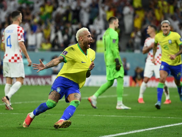 Brazil forward Neymar celebrates scoring against Croatia at the World Cup on December 9, 2022