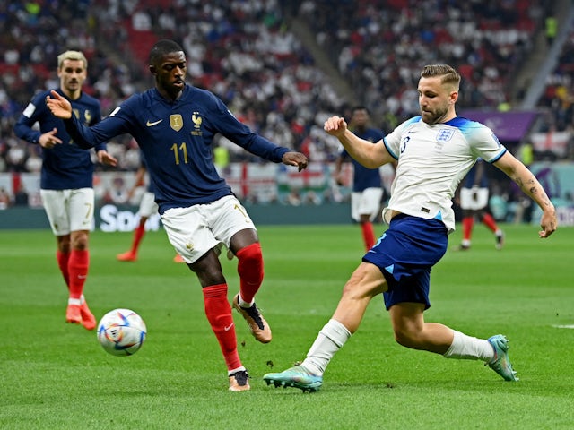 France's Ousmane Dembele in action with England's Luke Shaw at the World Cup on December 10, 2022
