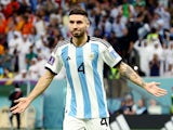 Argentina's Gonzalo Montiel celebrates after he scores a penalty during a penalty shootout on December 9, 2022