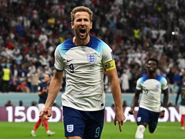 England captain Harry Kane scores against France at the World Cup on December 10, 2022