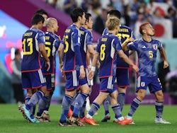 Japan players celebrate Daizen Maeda's goal against Croatia at the World Cup on December 5, 2022