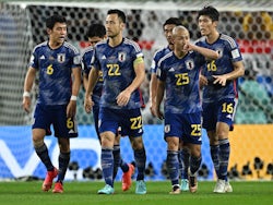 Japan's Daizen Maeda celebrates scoring against Croatia at the World Cup on December 5, 2022