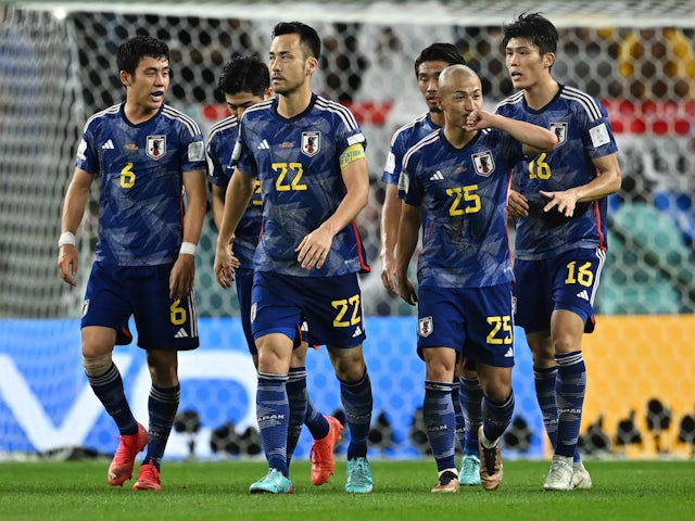 Japan's Daizen Maeda celebrates scoring against Croatia at the World Cup on December 5, 2022
