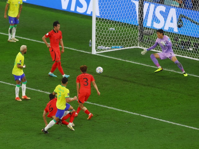 Lucas Paqueta scores for Brazil against South Korea at the World Cup on December 5, 2022.