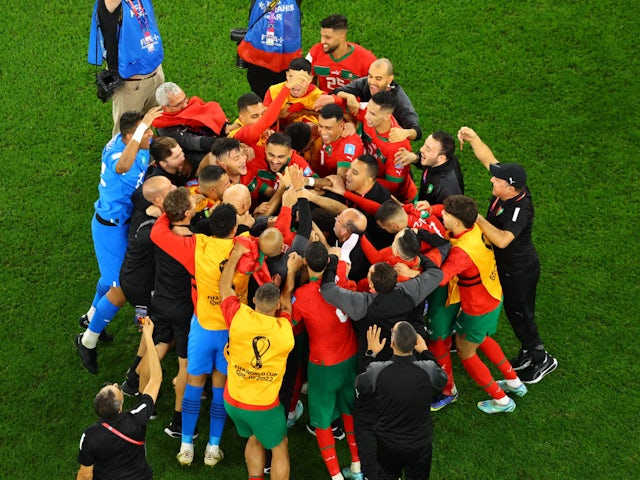Morocco celebrate beating Portugal in the World Cup quarter-finals on December, 2022.
