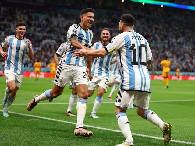 Nahuel Molina celebrates scoring for Argentina against the Netherlands on December 9, 2022