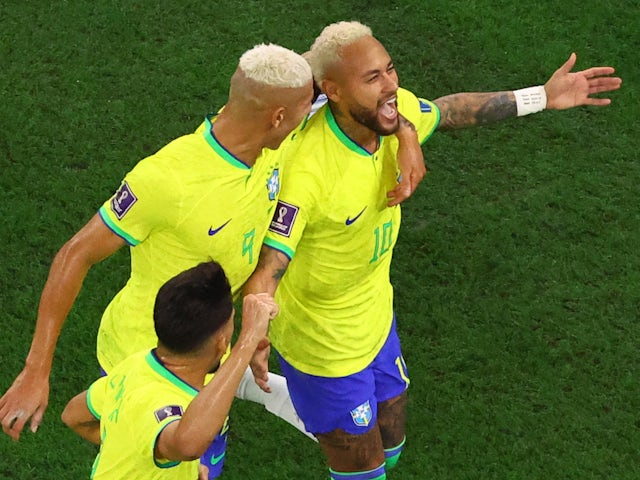 Neymar celebrates scoring for Brazil against South Korea at the World Cup on December 5, 2022.