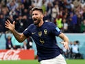France forward Olivier Giroud celebrates scoring against England at the World Cup on December 10, 2022