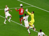 Morocco's Youssef En-Nesyri scores their first goal against Portugal on December 7, 2022