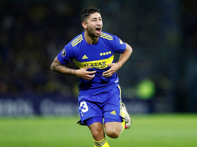 Boca Juniors' Alan Varela celebrates scoring their first goal on May 27, 2022