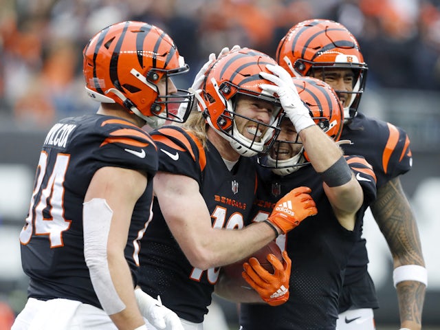 Cincinnati Bengals wide receiver Trenton Irwin (16) celebrates a touchdown during the third quarter against the Cleveland Browns at Paycor Stadium on December 11, 2022