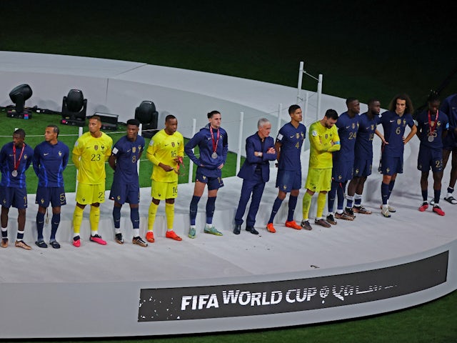 France players on the podium with their World Cup runners-up medals on December 18, 2022