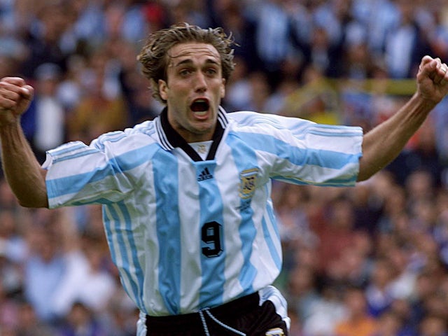 Gabriel Batistuta celebrates scoring for Argentina at the 1998 World Cup