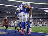 Indianapolis Colts wide receiver Alec Pierce (14) celebrates with Indianapolis Colts wide receiver Mike Strachan (17) after catching a touchdown pass during the second half against the Dallas Cowboys at AT&T Stadium on December 5, 2022