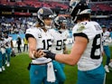 Jacksonville Jaguars quarterback Trevor Lawrence (16) celebrates with his team after beating the Tennessee Titans at Nissan Stadium on December 11, 2022