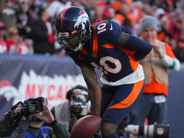 Denver Broncos wide receiver Jerry Jeudy (10) celebrates his touchdown in the second quarter against the Kansas City Chiefs at Empower Field at Mile High on December 11, 2022