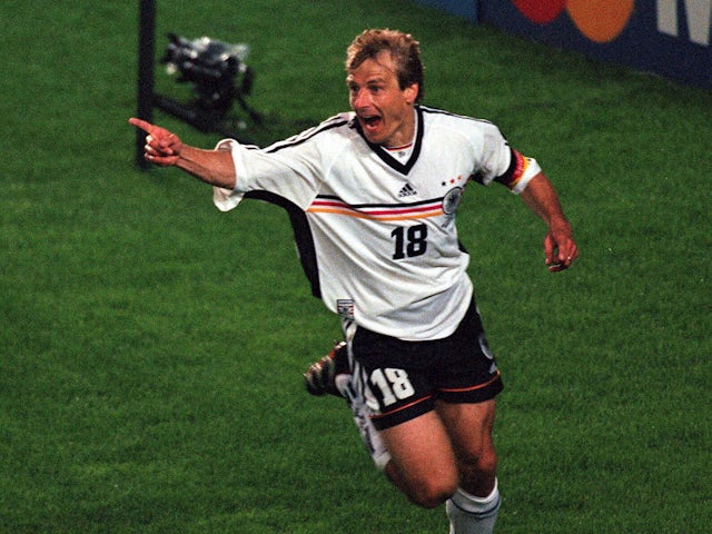Jurgen Klinsmann celebrates scoring for Germany at the 1998 World Cup