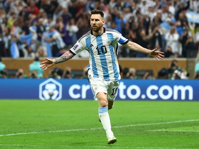 Argentina's Lionel Messi celebrates scoring their first goal on December 18, 2022