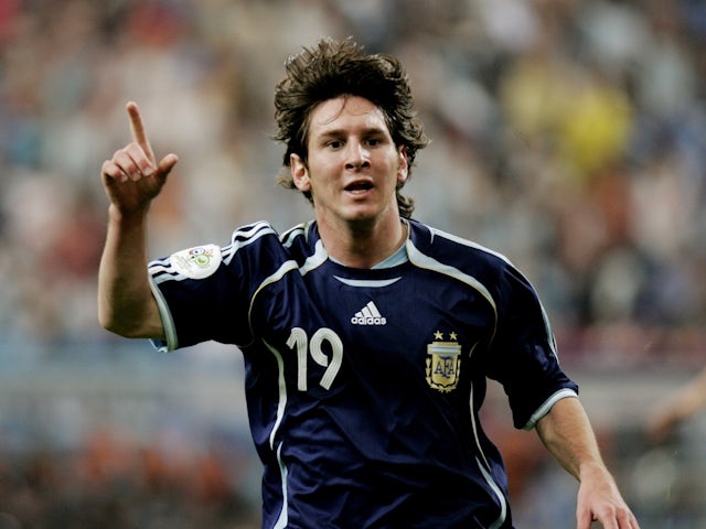 Argentina forward Lionel Messi celebrates after scoring their sixth goal on June 16, 2006