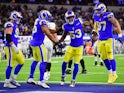 Los Angeles Rams linebacker Ernest Jones (53) celebrates after intercepting a pass intended for Las Vegas Raiders wide receiver Davante Adams (17) during the first half at SoFi Stadium on December 8, 2022