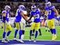 Los Angeles Rams linebacker Ernest Jones (53) celebrates after intercepting a pass intended for Las Vegas Raiders wide receiver Davante Adams (17) during the first half at SoFi Stadium on December 8, 2022