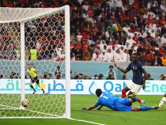 Randal Kolo Muani scores for France against Morocco on December 14, 2022