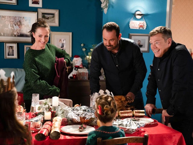 Sonia, Mick and Ricky on EastEnders on Christmas Day, 2022