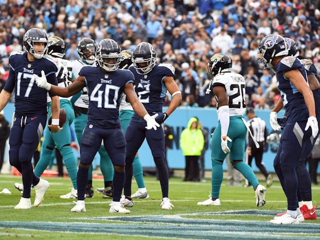 Tennessee Titans players celebrate with a dance after a touchdown by running back Derrick Henry (not pictured) during the first half against the Jacksonville Jaguars at Nissan Stadium on December 11, 2022
