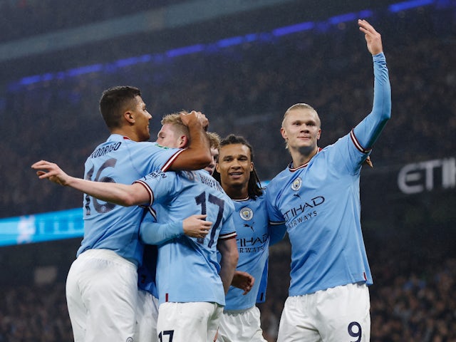 Erling Braut Haaland celebrates scoring for Manchester City against Liverpool in the EFL Cup on December 22, 2022