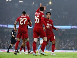 Fabio Carvalho celebrates scoring for Liverpool against Manchester City in the EFL Cup on December 22, 2022