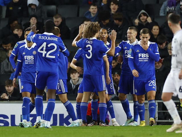 Leicester City celebrate a goal against MK Dons in the EFL Cup fourth round on December 20, 2022.