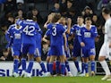 Leicester City celebrate a goal against MK Dons in the EFL Cup fourth round on December 20, 2022.
