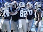 Carolina Panthers quarterback Sam Darnold (14) celebrates his running touchdown with teammates during the second quarter against the Detroit Lions at Bank of America Stadium on December 24, 2022