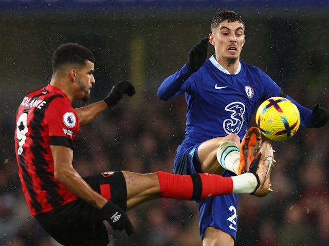 Chelsea's Kai Havertz in action with Bournemouth's Dominic Solanke on December 27, 2022