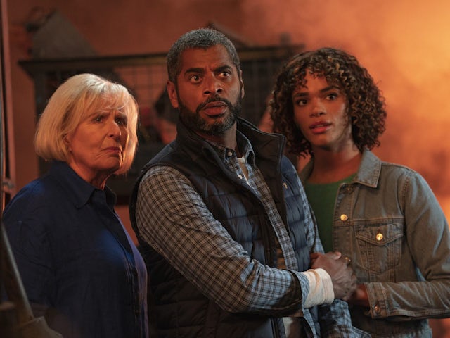 Jacqueline King, Karl Collins and Yasmin Finney as Sylvia, Shaun and Rose in the 2023 Doctor Who November Specials
