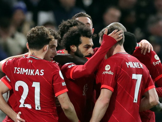 Liverpool's Mohamed Salah celebrates scoring their second goal with teammates on January 2, 2022