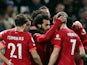 Liverpool's Mohamed Salah celebrates scoring their second goal with teammates on January 2, 2022